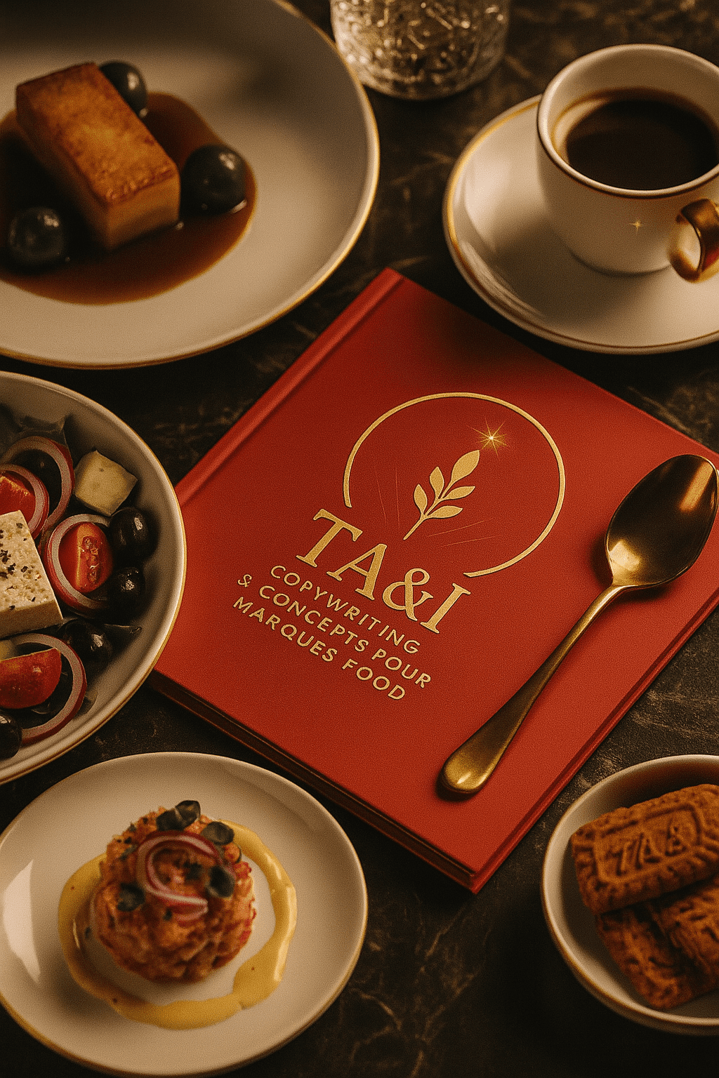 Identité visuelle TA&I posée sur une table gastronomique – stratégie de copywriting food pour marques premium
